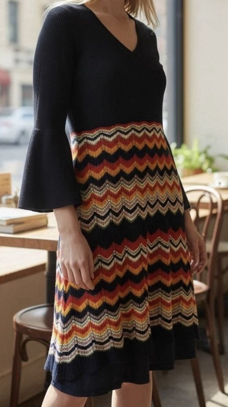 Cato 1970s Retro Chevron Sweater Dress Black Whimsigoth Fairy Grunge Size XL